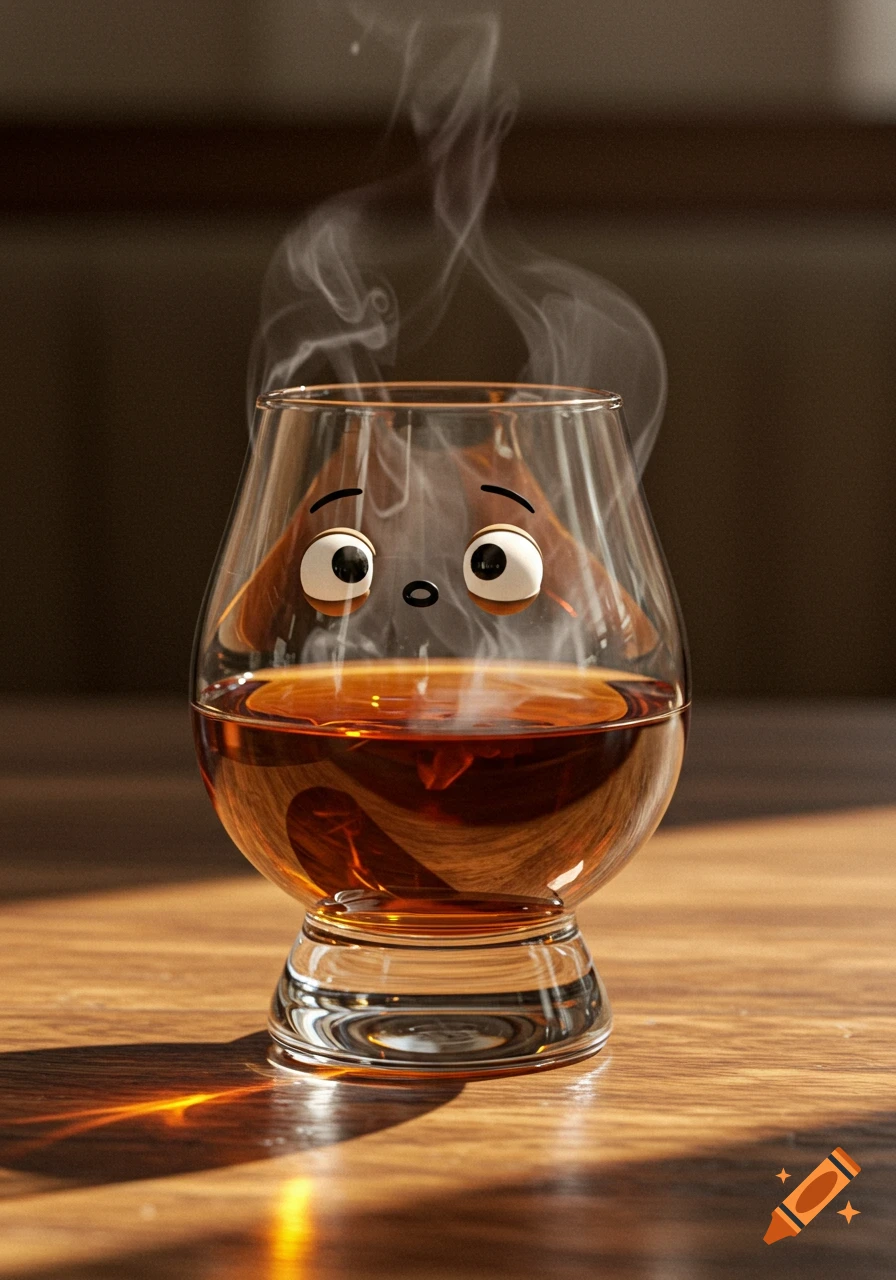 A snifter glass of whiskey with a cute cartoon face and steam rising, sitting on a wooden table with sunlight.