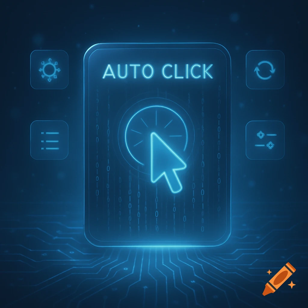 Neon blue 'AUTO CLICK' interface with a glowing cursor icon on a dark, futuristic circuit board background.