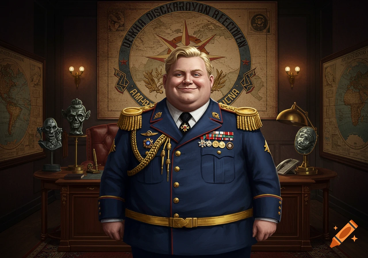 Chubby blonde man in an ornate blue military dictator uniform smiles confidently in a grand office with maps and busts.