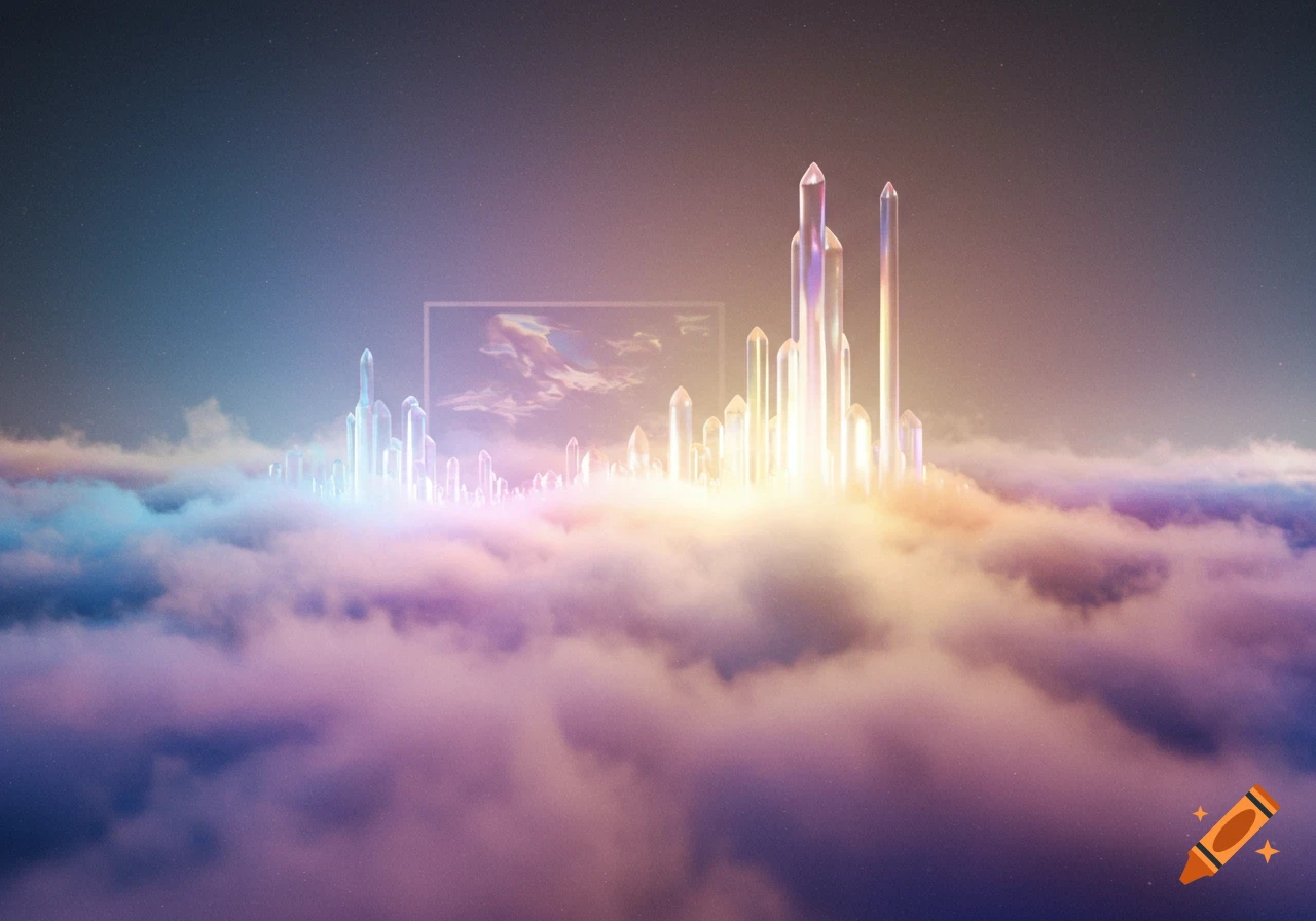 A radiant city of glowing crystal spires emerges from a pastel cloudscape under a starry gradient sky.