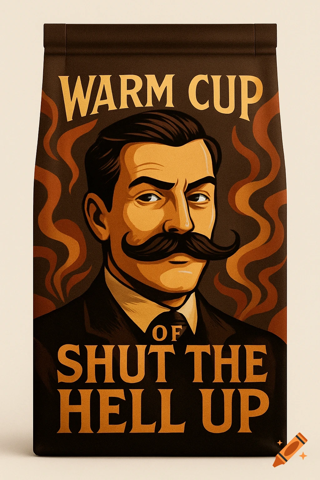 An illustration of a dark coffee bag featuring a man with a large mustache and text 'WARM CUP OF SHUT THE HELL UP'.