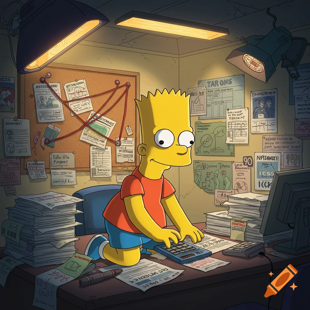 Bart Simpson intensely working at a desk surrounded by many papers and a conspiracy board, in a cartoon style.