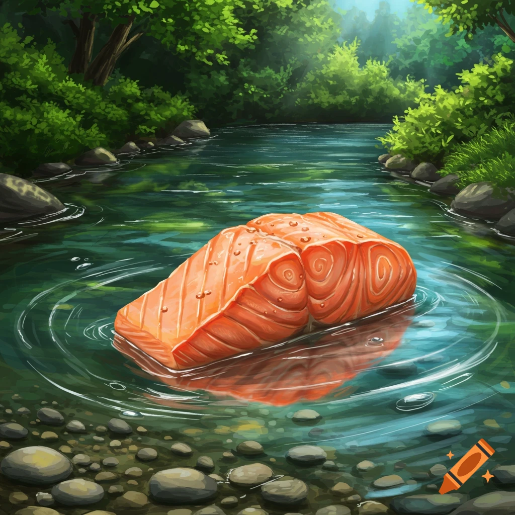 A vibrant orange salmon fillet floats in a clear river, surrounded by a lush green forest, in a digital painting style.