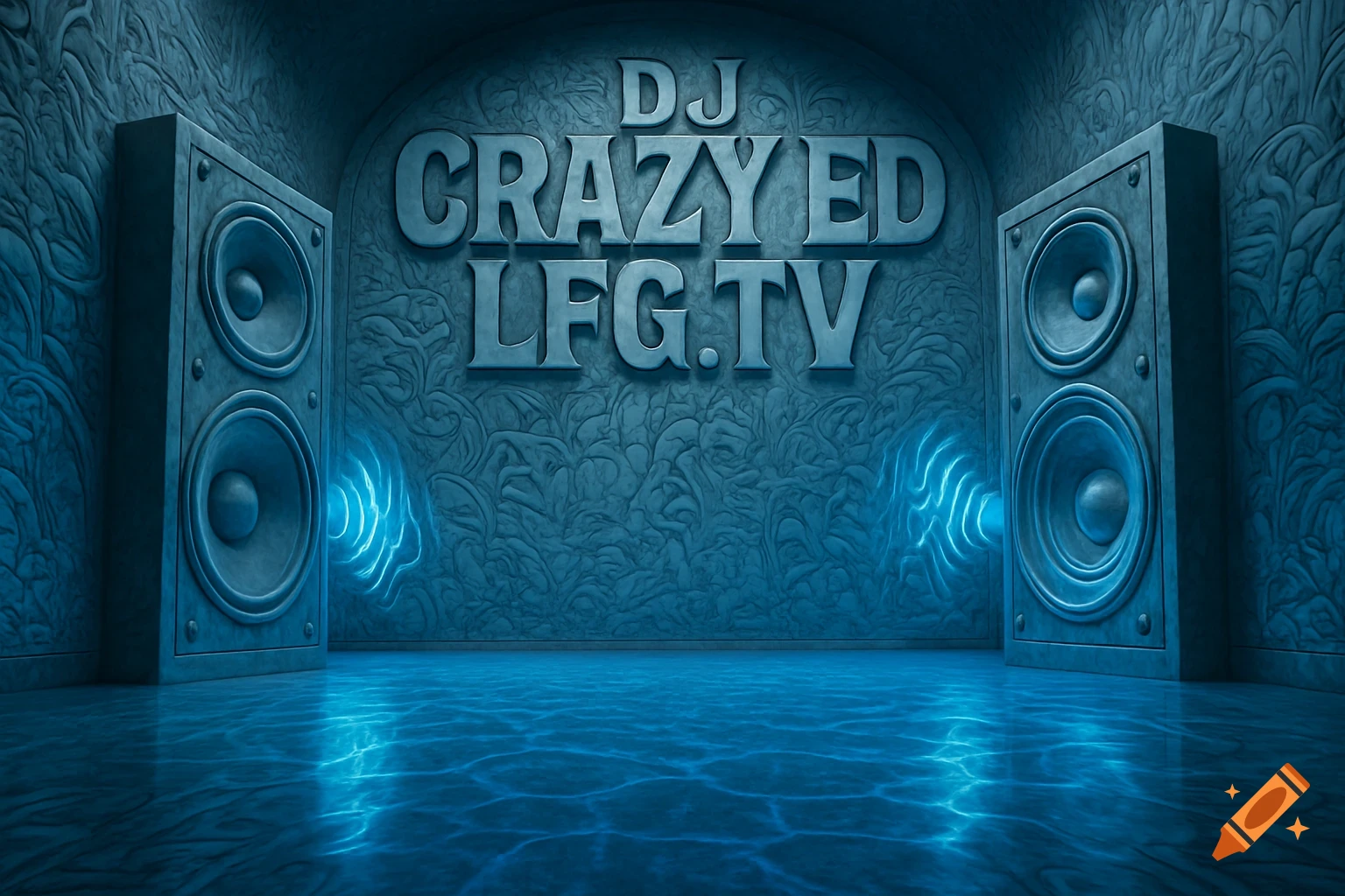 Blue marble room with two speakers emitting glowing sound, and 'DJ CRAZY ED LFG.TV' embossed on the wall.