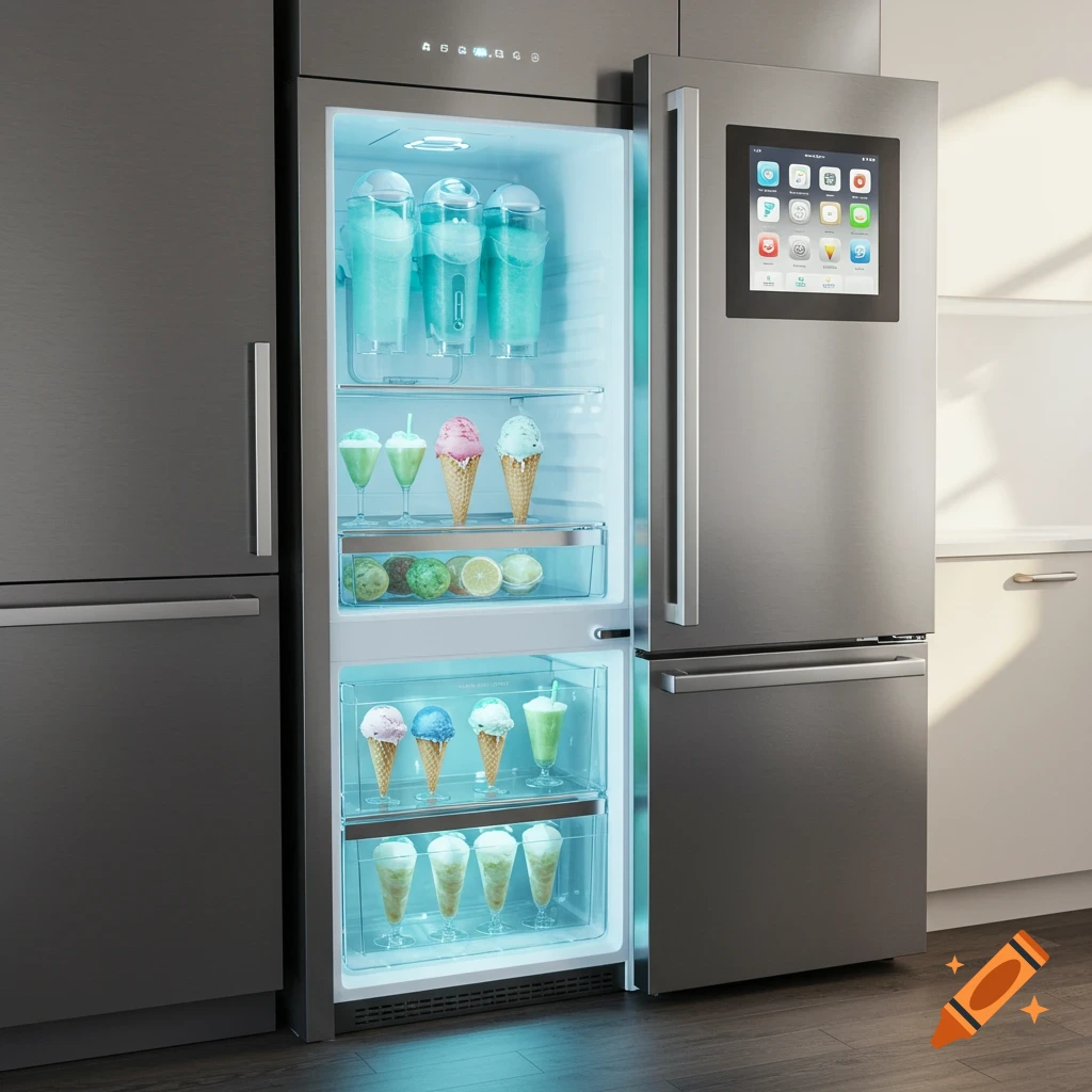 A modern stainless steel refrigerator with its left door open, revealing slushie makers, ice cream cones, and fruit. A smart screen is on the right door.
