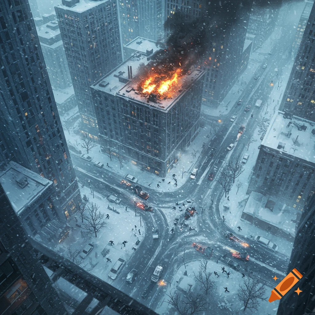 Aerial view of a snowy city in a blizzard, with a burning building, car crashes, and people in panic on ice-covered streets.