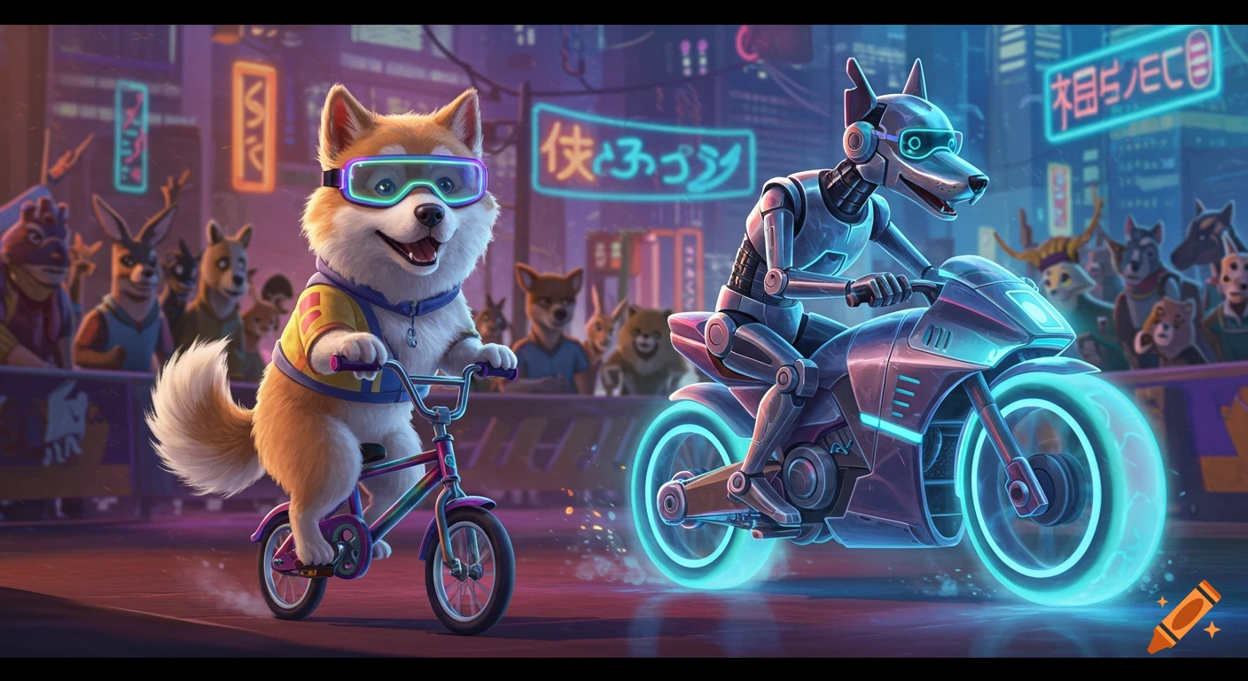 A fluffy dog on a tiny bicycle races a sleek robot dog on a futuristic glowing motorcycle in a neon city, cheered by an animal crowd.