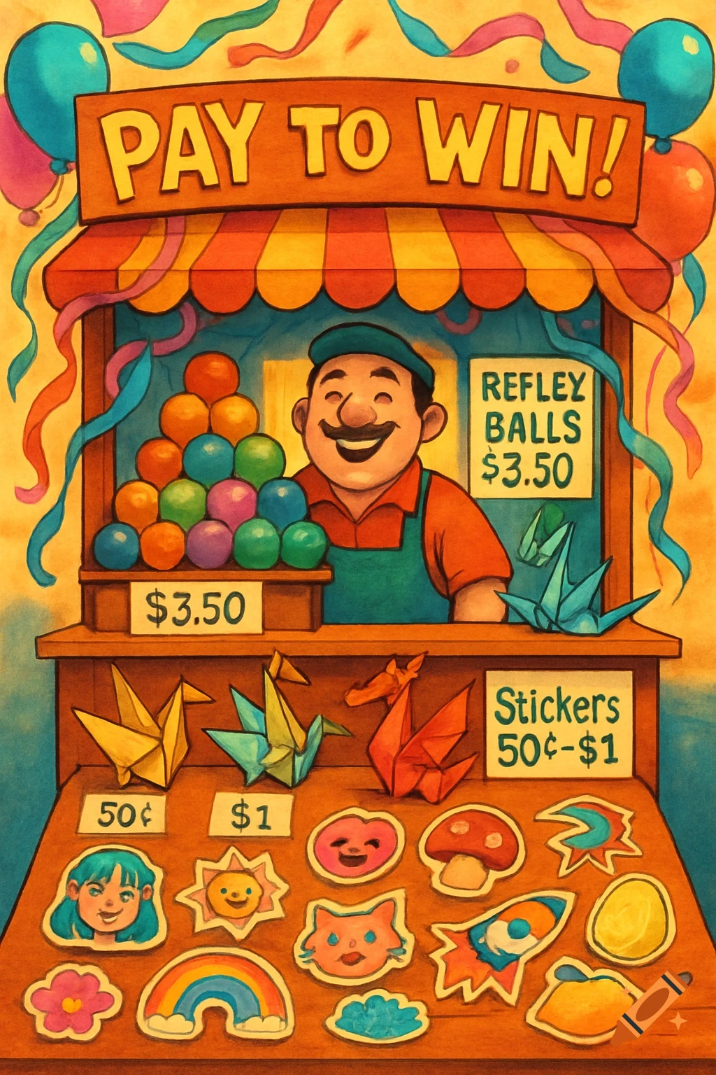 A cheerful vendor with a mustache stands at a colorful "Pay to Win" carnival stall, selling "Refley Balls," origami, and stickers in a vibrant illustration.
