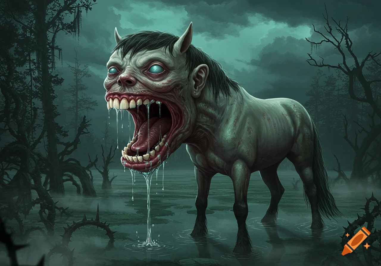 A grotesque horse-human hybrid monster with glowing blue eyes and a wide-open drooling mouth stands in a dark, misty swamp.
