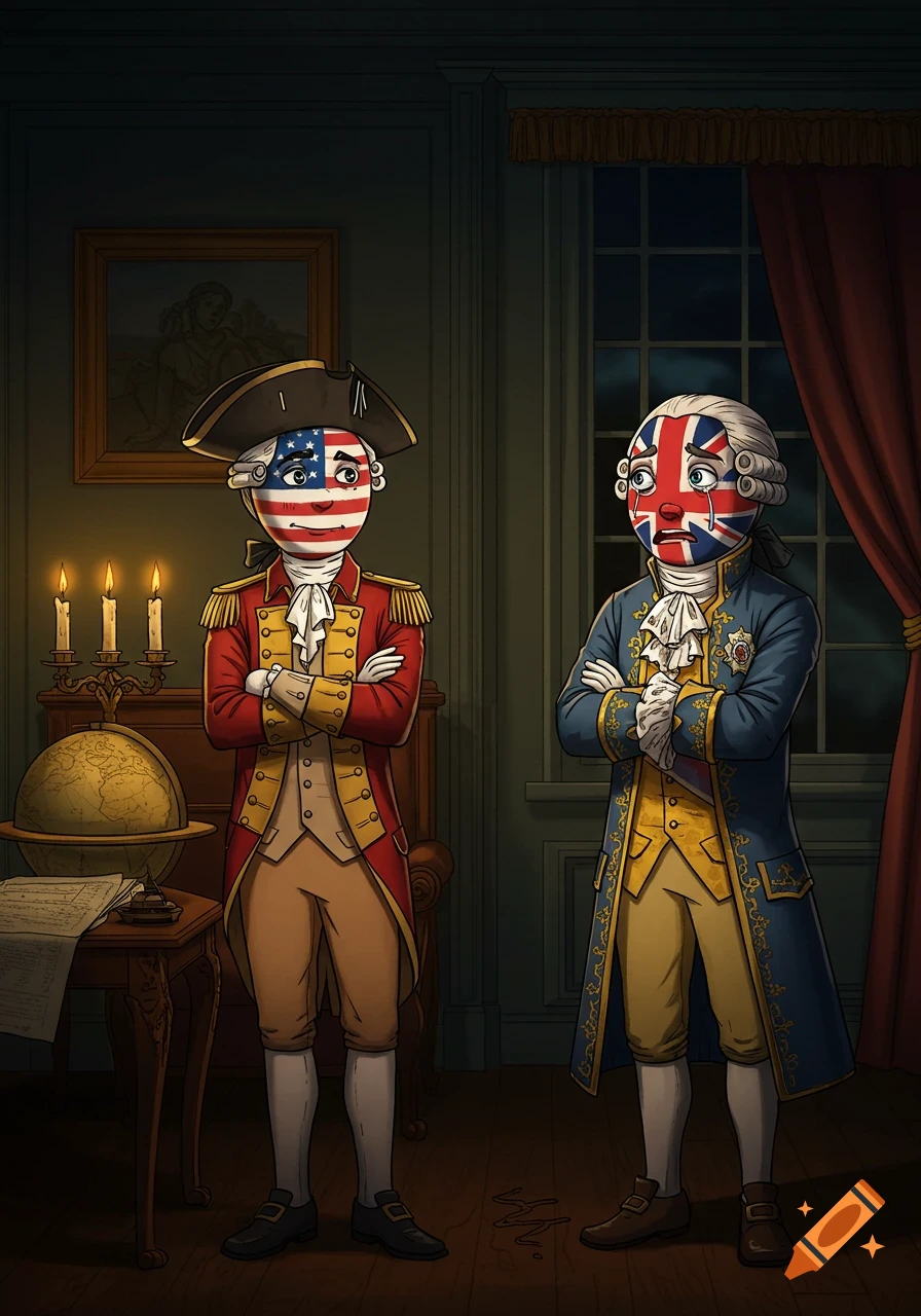 Cartoon of USA (red uniform) standing sternly while UK (blue uniform) cries in a historical room.