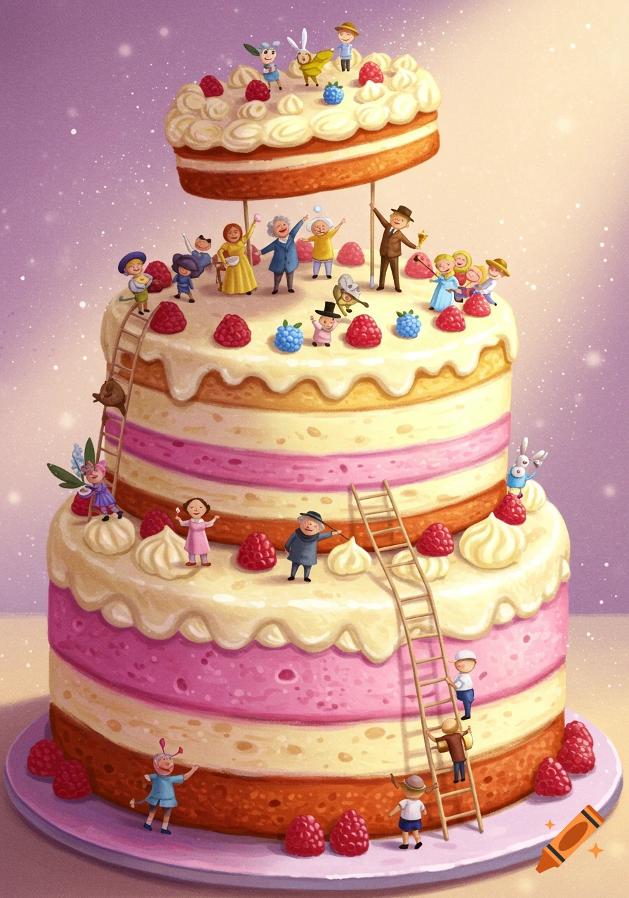 Whimsical illustration of a multi-tiered cake with tiny people climbing ladders and holding up the top layer, adorned with raspberries and blueberries.
