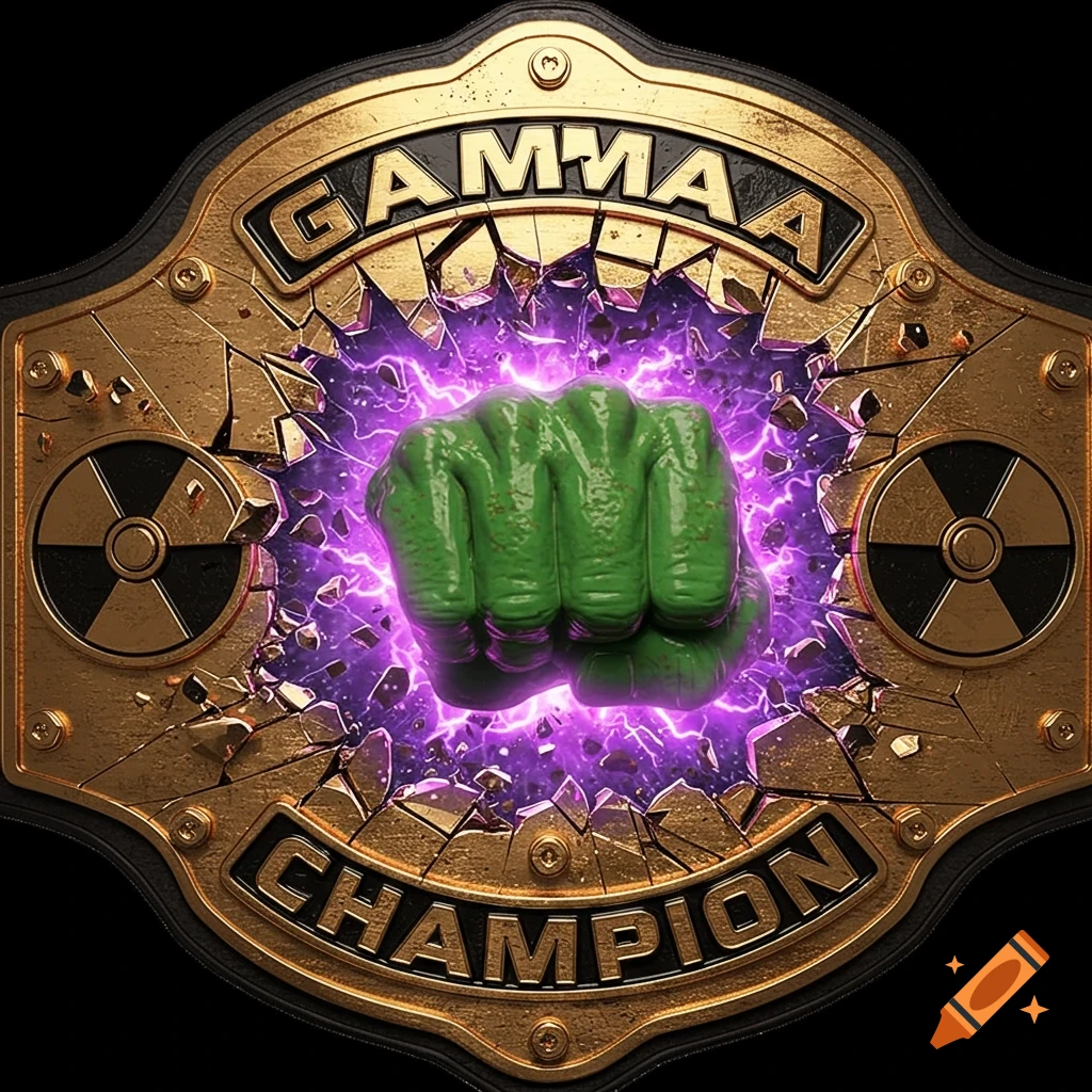 A photorealistic gold championship belt with a green fist smashing through the center, glowing purple energy, and radiation symbols.