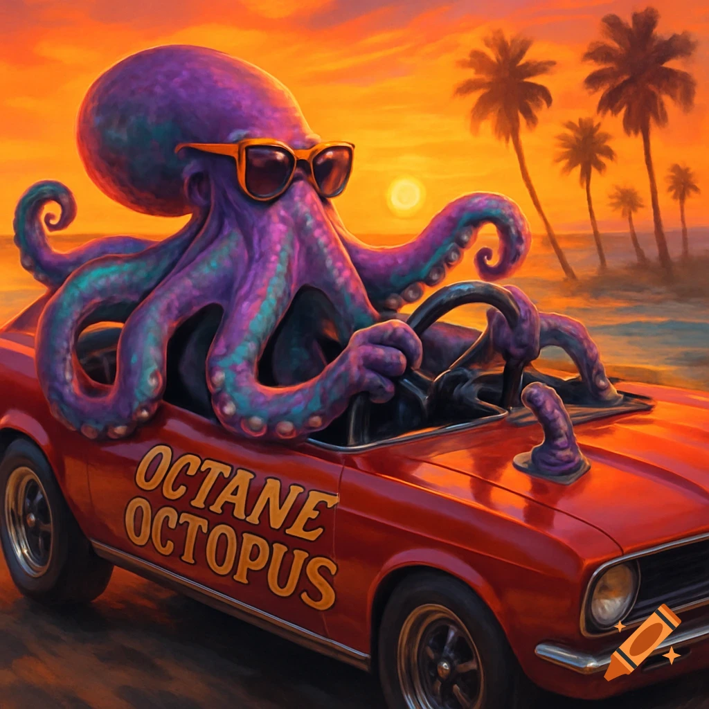 A cool purple octopus wearing sunglasses drives a red classic muscle car along a beach at sunset with the words "OCTANE OCTOPUS" on the side.