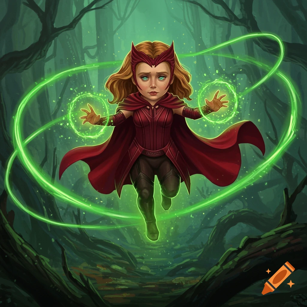 Chibi Scarlet Witch floats in a dark forest, casting green magic in a cartoon style.