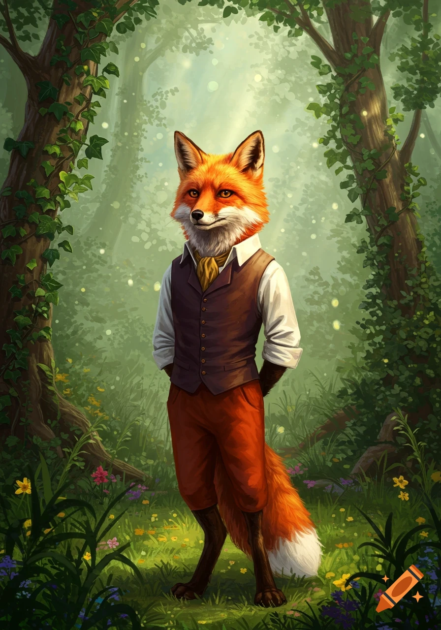 A dapper anthropomorphic fox in a waistcoat and trousers stands in a magical forest with glowing lights and wildflowers.