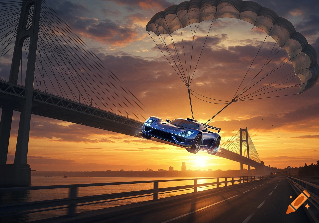 A blue race car with a parachute flies over a bridge at sunset, with a city skyline in the background.