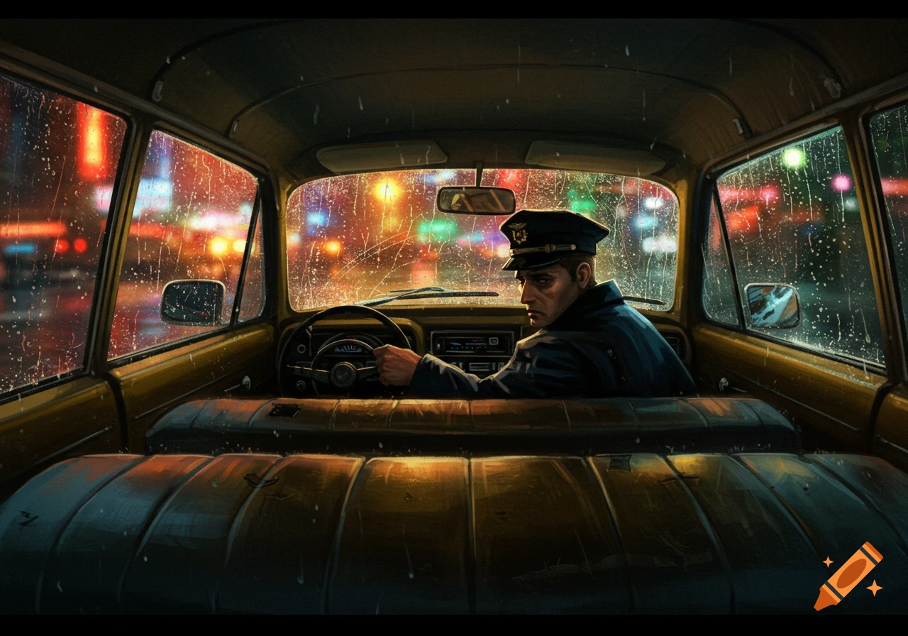 A man in a driver's cap sits in a car, looking over his shoulder. Rain streaks the windows, revealing a blurry, colorful city street at night in a digital painting style.