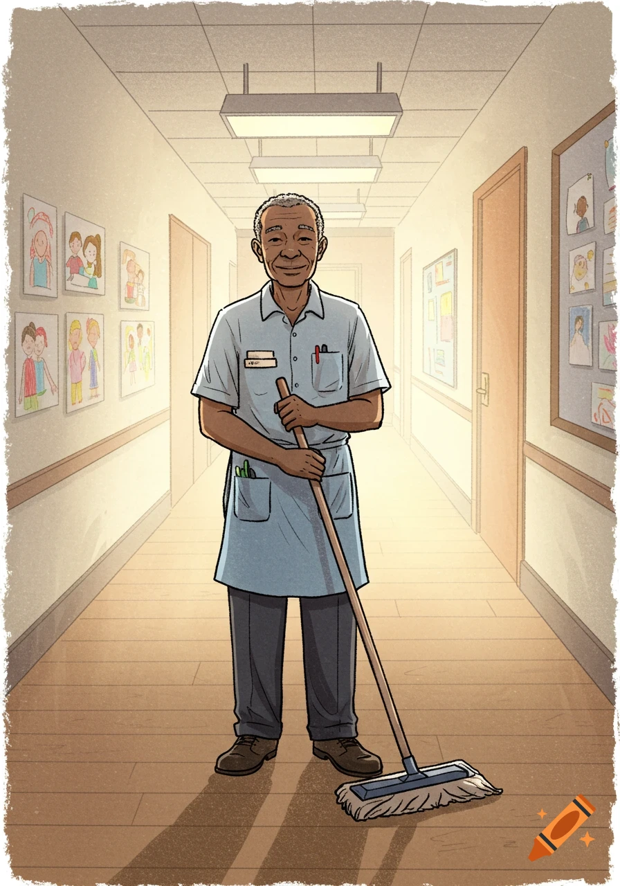 An elderly black janitor smiles while holding a mop in a brightly lit hallway, in a hand-drawn illustration style.