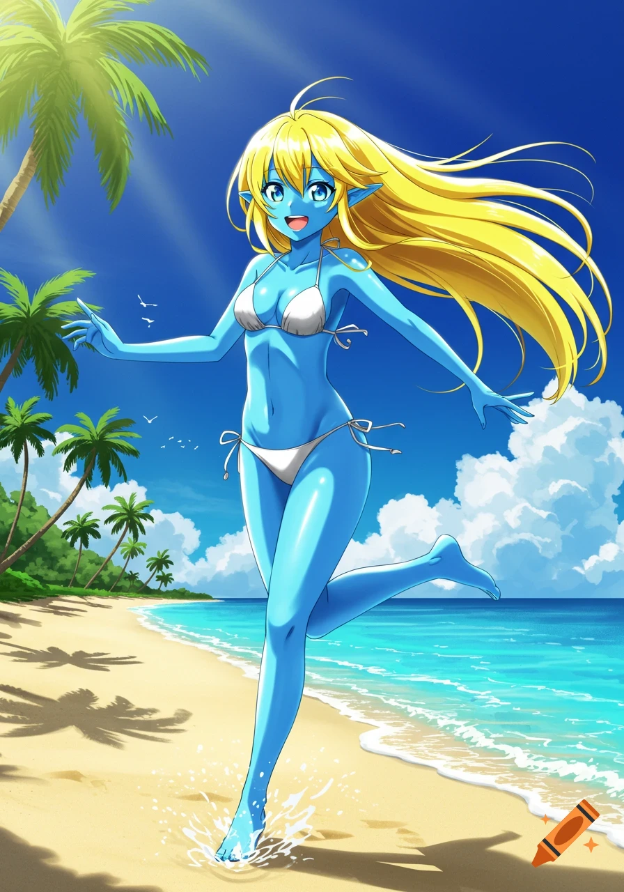 Anime girl with blue skin and yellow hair in a white bikini running on a sunny beach.
