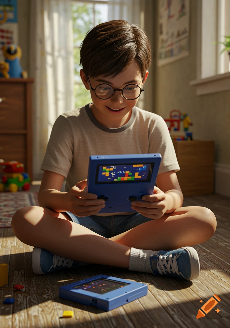A smiling boy in glasses plays a Tetris-like game on a blue handheld console while sitting on the floor in a sunlit room.