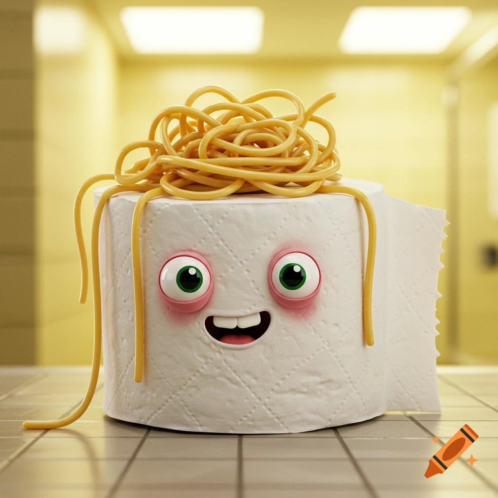 A cartoonish toilet paper roll with large green eyes, a happy smile, and a messy pile of spaghetti for hair, sits on a tiled floor in a bathroom.