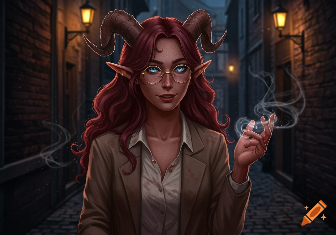 A digital illustration of a satyr-like woman with red hair, horns, glasses, and blue eyes, standing in a dark alley with smoke around her hand.