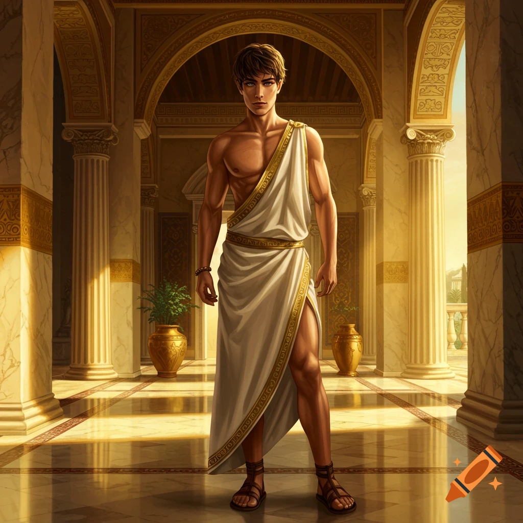 A handsome young man in a white toga and sandals stands in a grand ancient Greek palace with columns and golden decor.