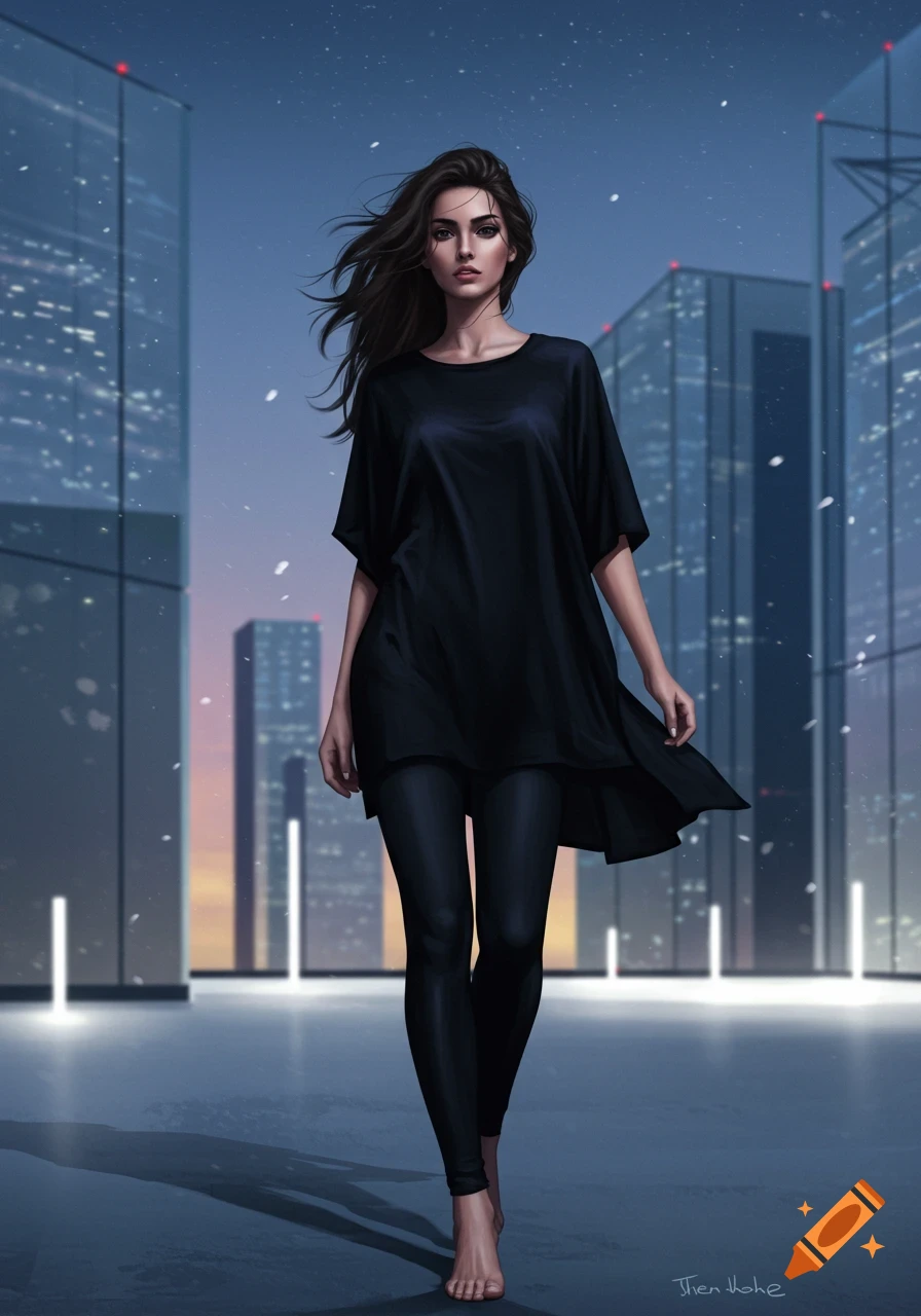 A woman with dark hair in a black tunic and leggings walks barefoot on a city street at night, with skyscrapers in the background. Digital art.