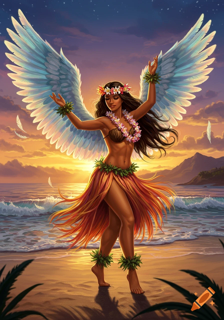 Vibrant illustration of a Hawaiian angel with wings dancing on a tropical beach at sunset, wearing a hula skirt.