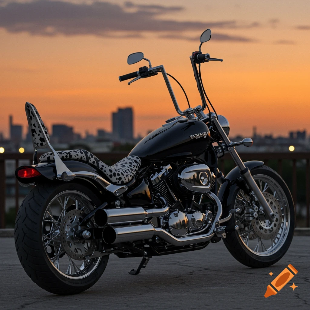 Realistic black Yamaha Roadstar motorcycle with Dalmatian print seats and ape hanger handlebars at sunset.