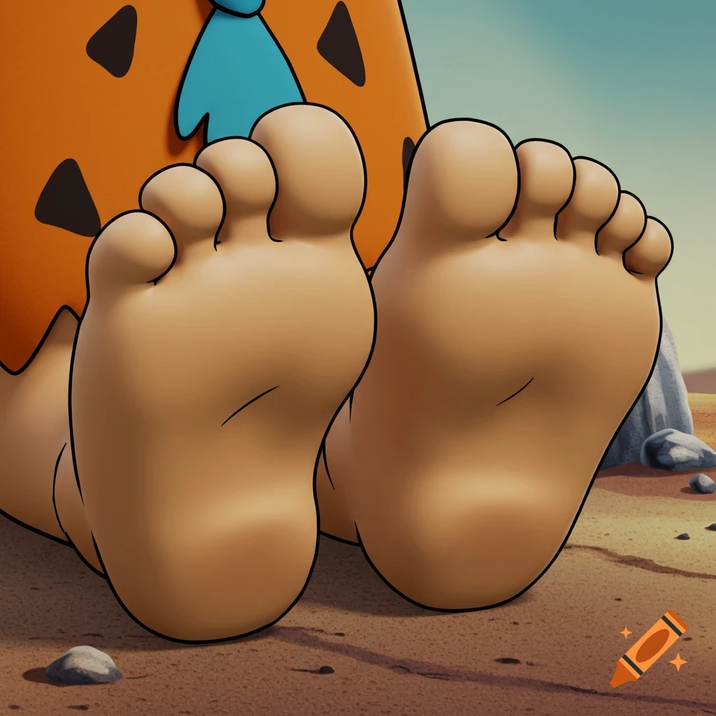 Cartoon close-up of two large, bare feet, characteristic of Fred Flintstone, resting on a sandy ground.