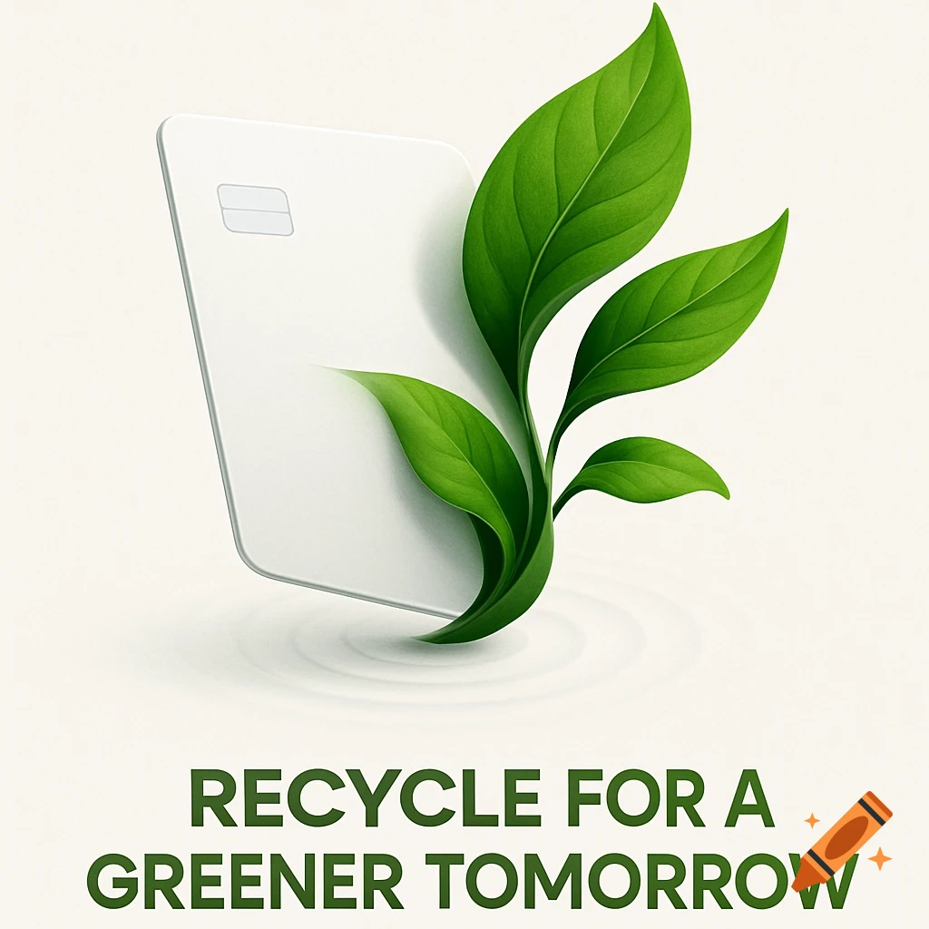 A minimalist illustration of a white card with a vibrant green plant growing from it, above the text 'RECYCLE FOR A GREENER TOMORROW'.