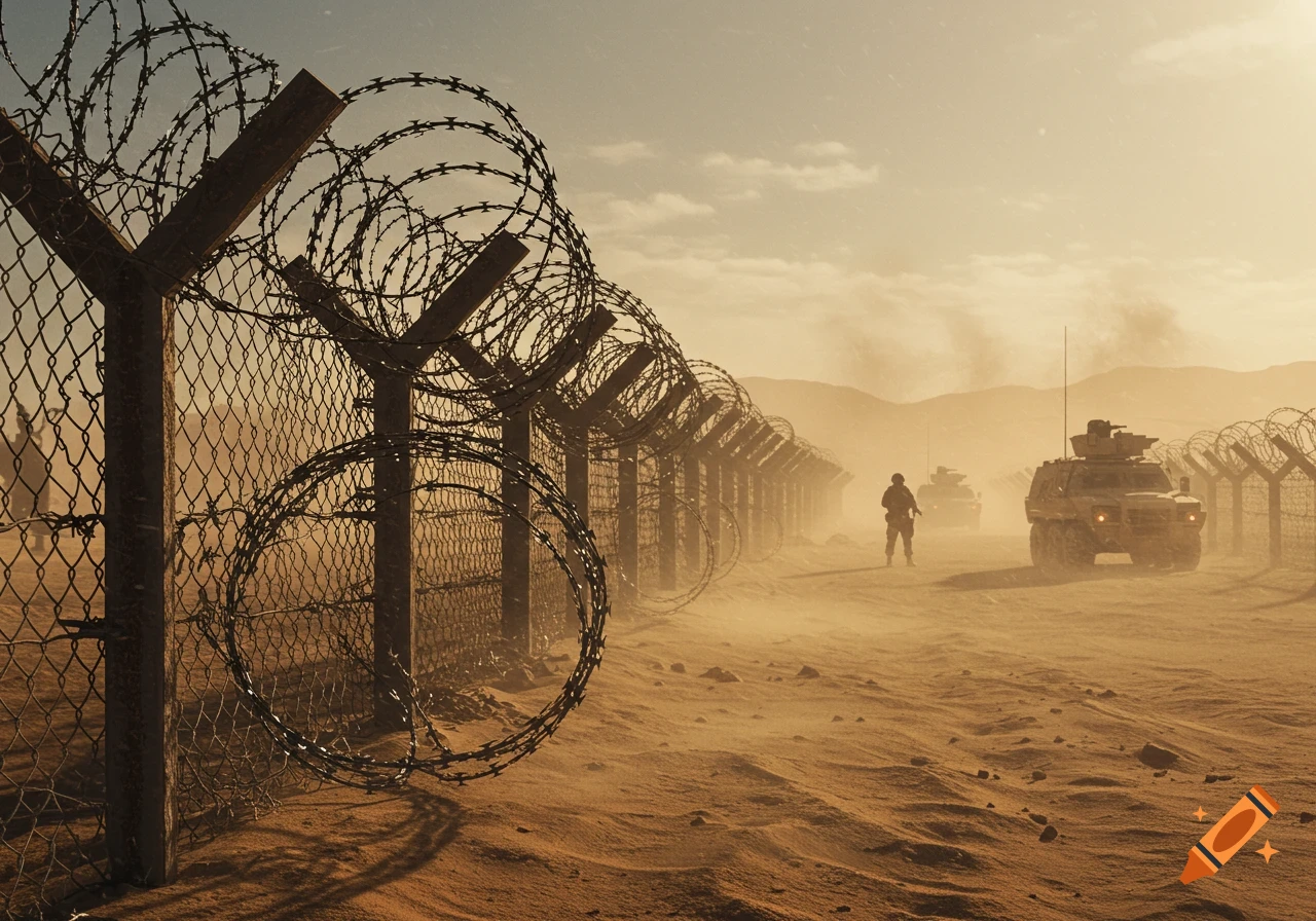 Photorealistic image of a military soldier and vehicles moving along a dusty desert road, alongside a barbed wire fence.