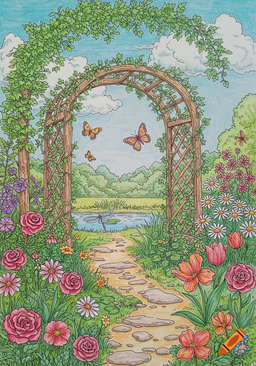 Colorful illustration of a garden path leading through a floral archway to a pond, surrounded by flowers and butterflies in a coloring book style.