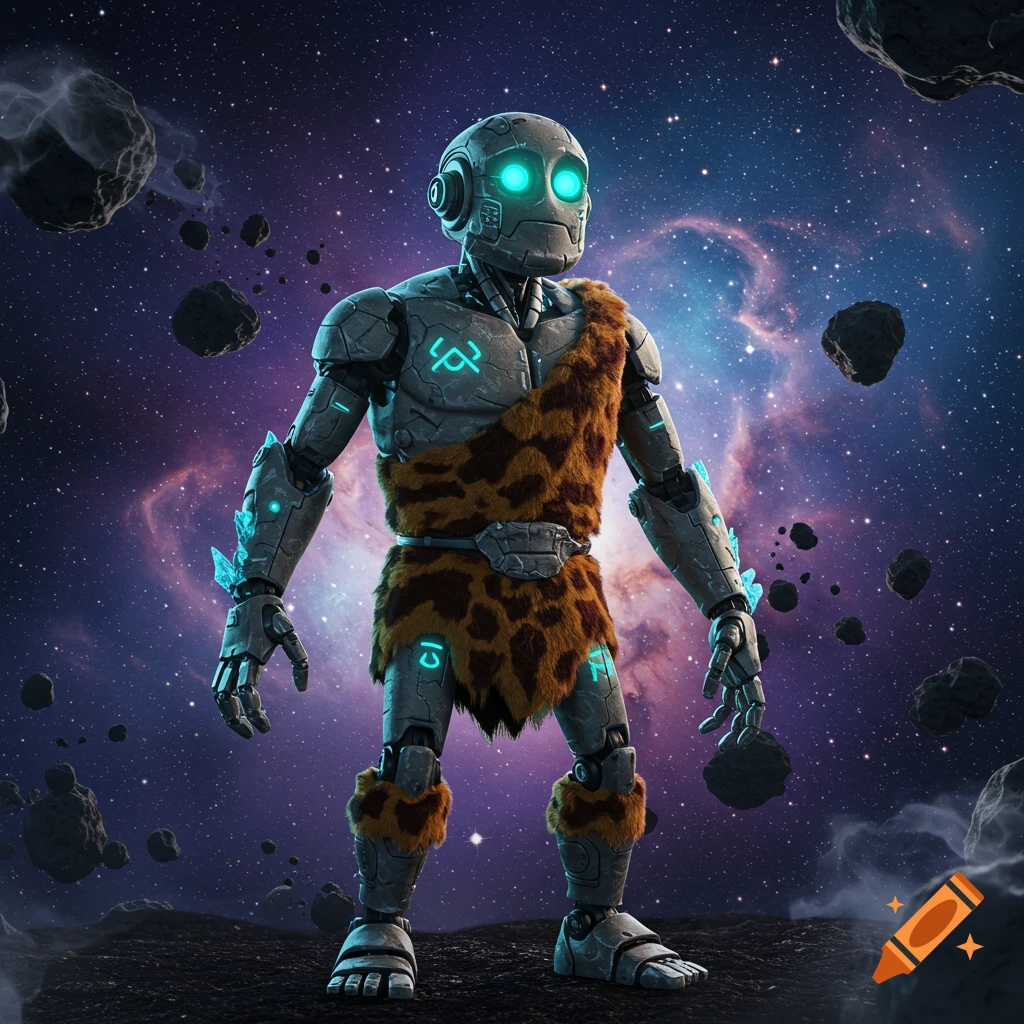 A metallic android with glowing blue eyes and symbols, wearing a fur loincloth, stands on a rocky planet with asteroids and a galaxy in the background.