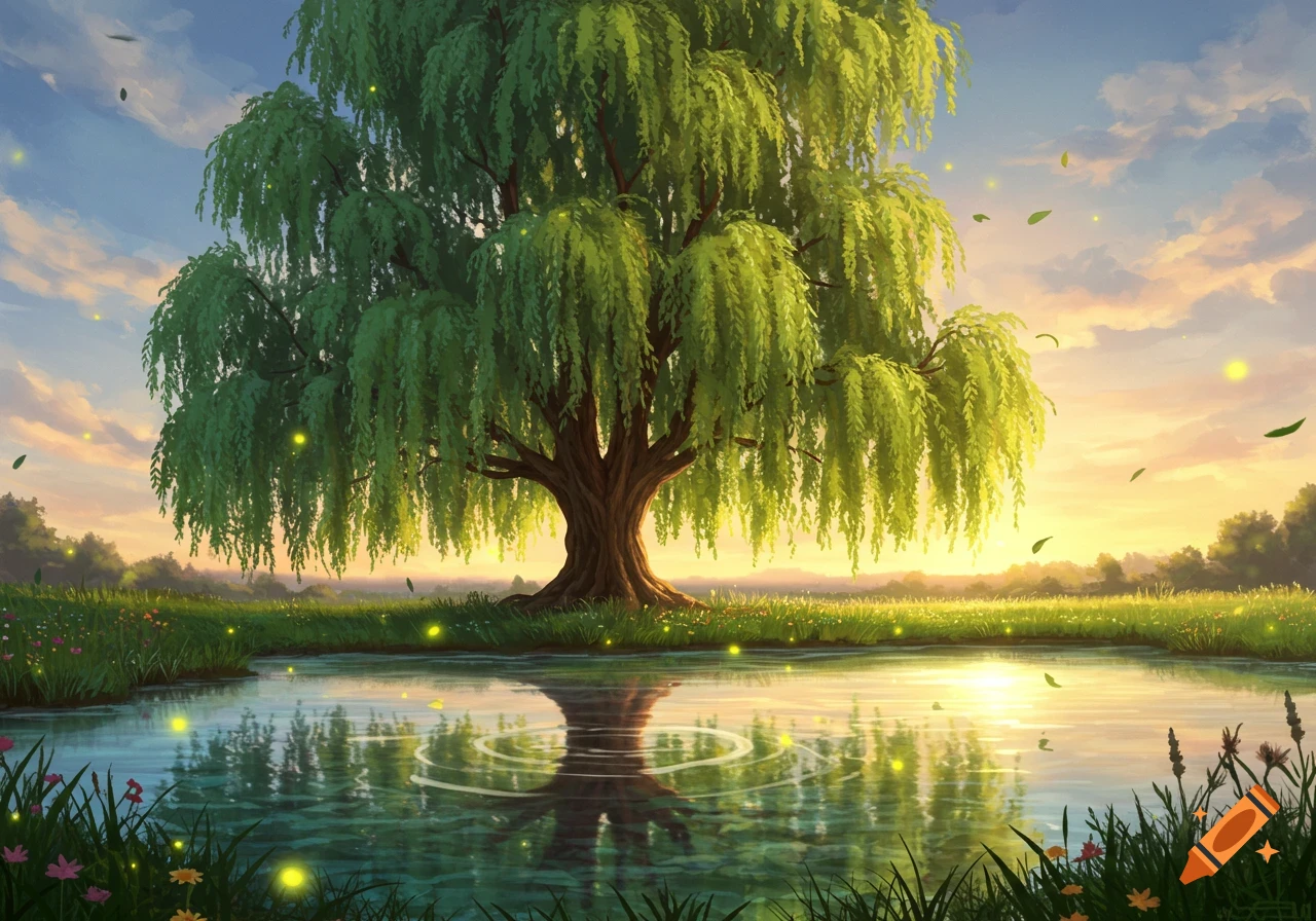 A vibrant, stylized weeping willow tree reflected in a calm pond at sunset, with glowing particles in the air.