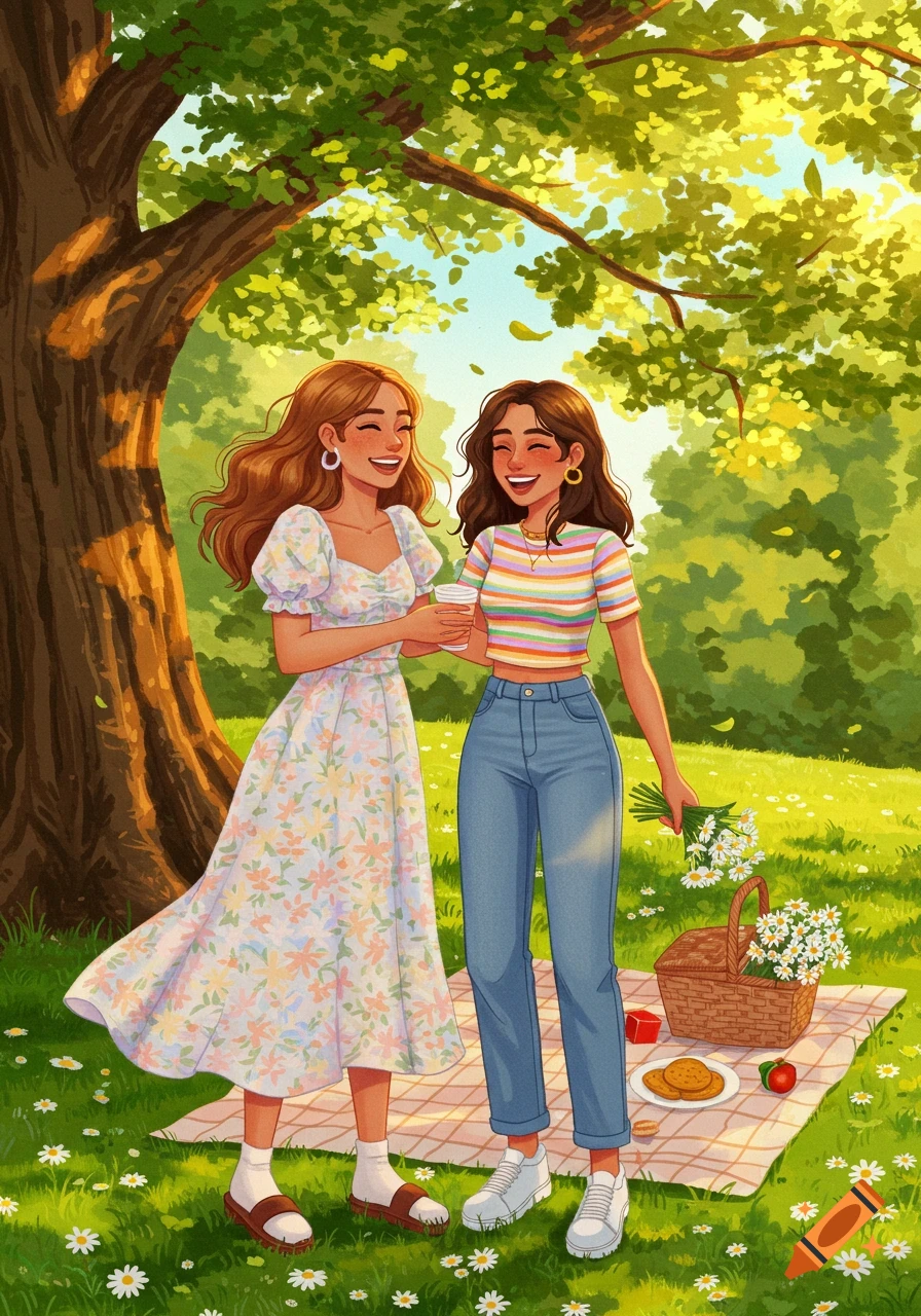 A cheerful illustration of two best friends laughing during a sunny picnic in a park under a large tree.