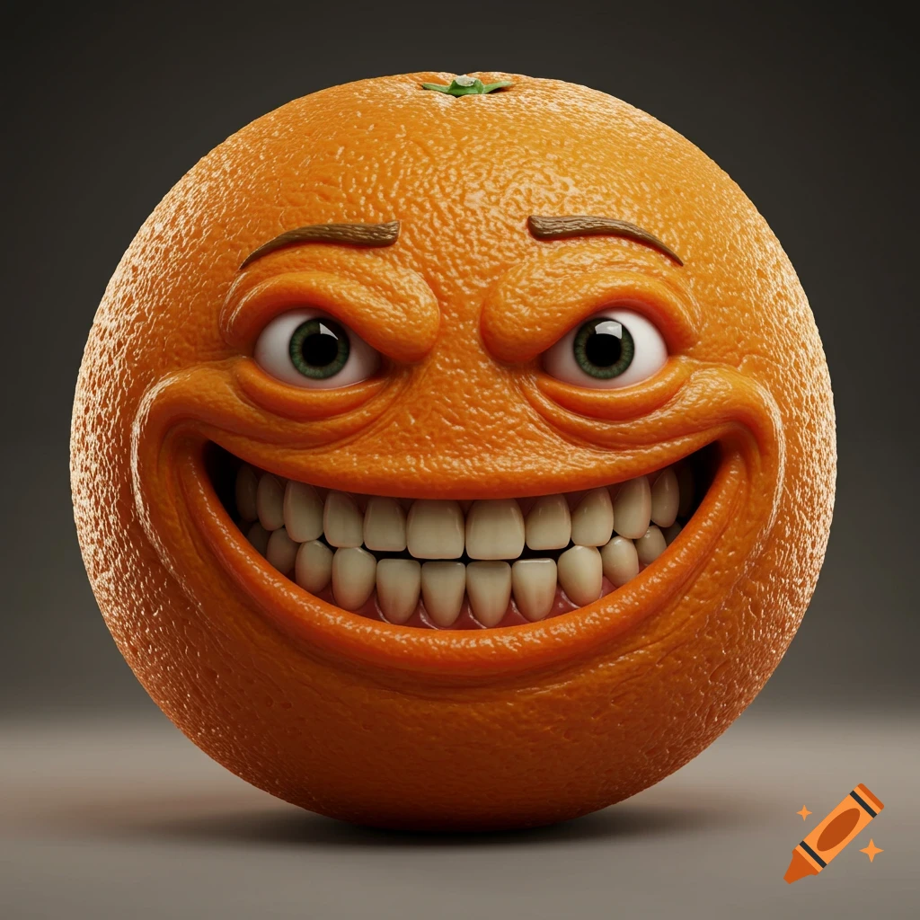 An anthropomorphic orange with a wide, unsettling smile and green eyes on a dark background.