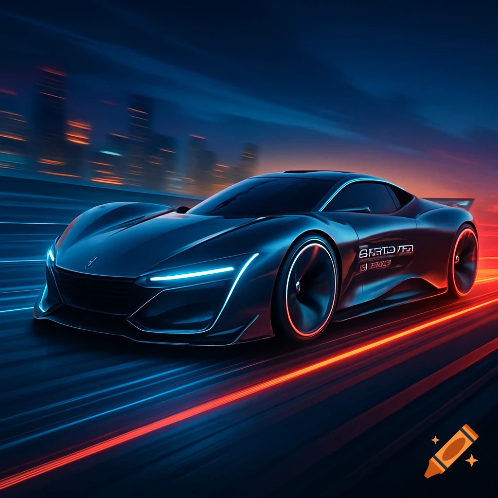 A sleek, dark futuristic car with glowing blue and red lights speeds down a blurred road at night, with city lights in the background.