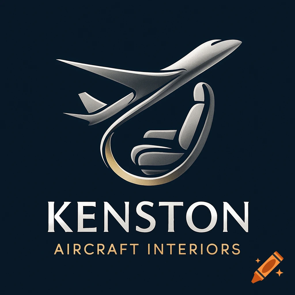 A corporate logo for Kenston Aircraft Interiors featuring a stylized silver airplane flying over a gold and silver aircraft seat against a dark blue background.