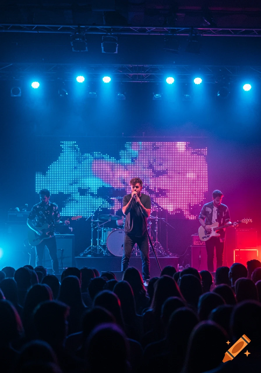 A band performs on a brightly lit stage with a large LED screen behind them, viewed from the audience perspective.