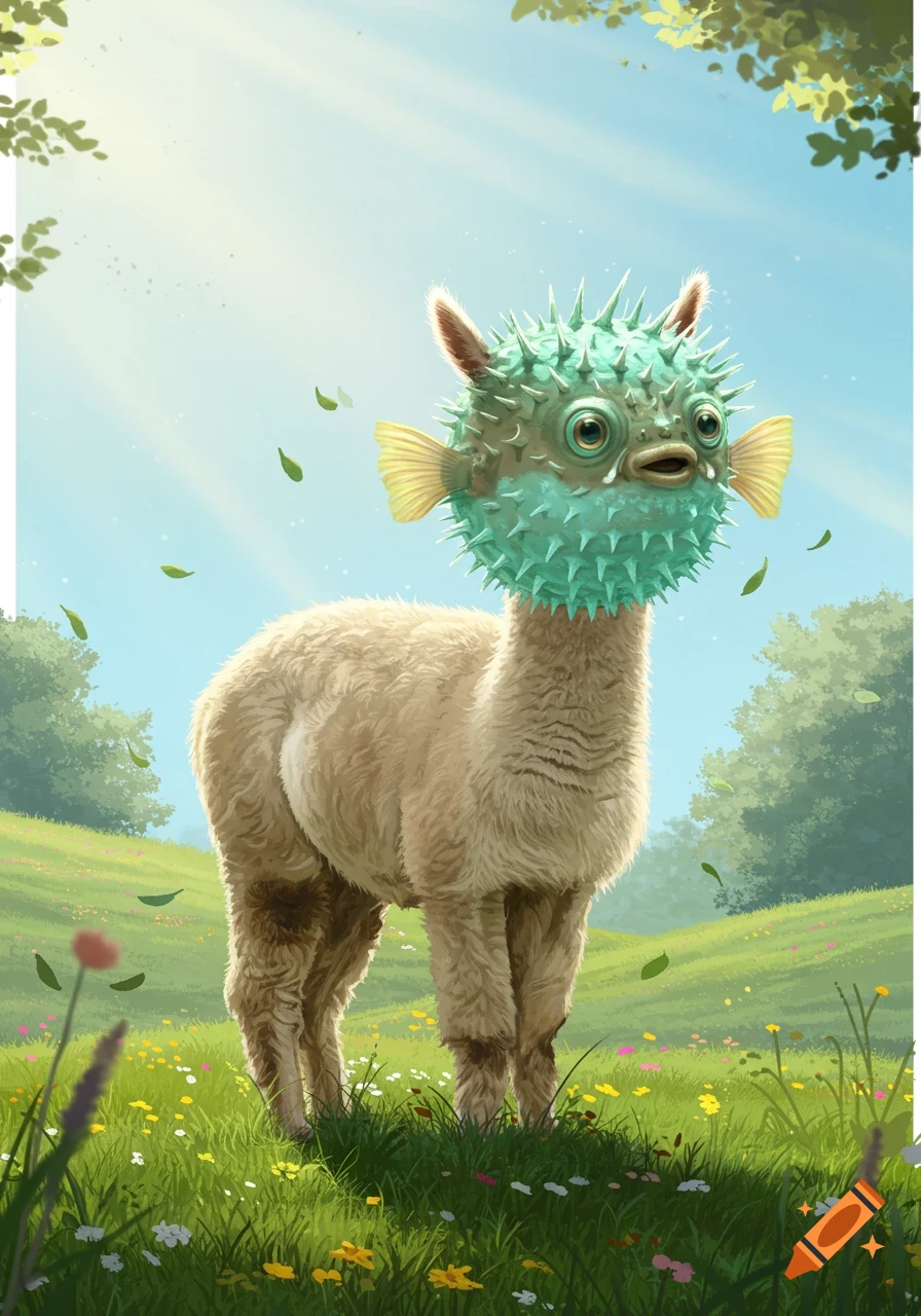 A whimsical illustration of an alpaca with a green pufferfish head standing in a bright, sunny meadow filled with wildflowers.