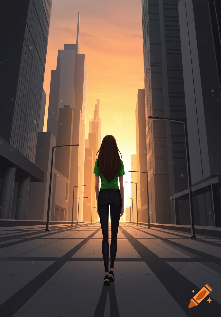 A girl with long brown hair and a green shirt walks on a street lined with tall buildings under a sunset sky. Stylized.