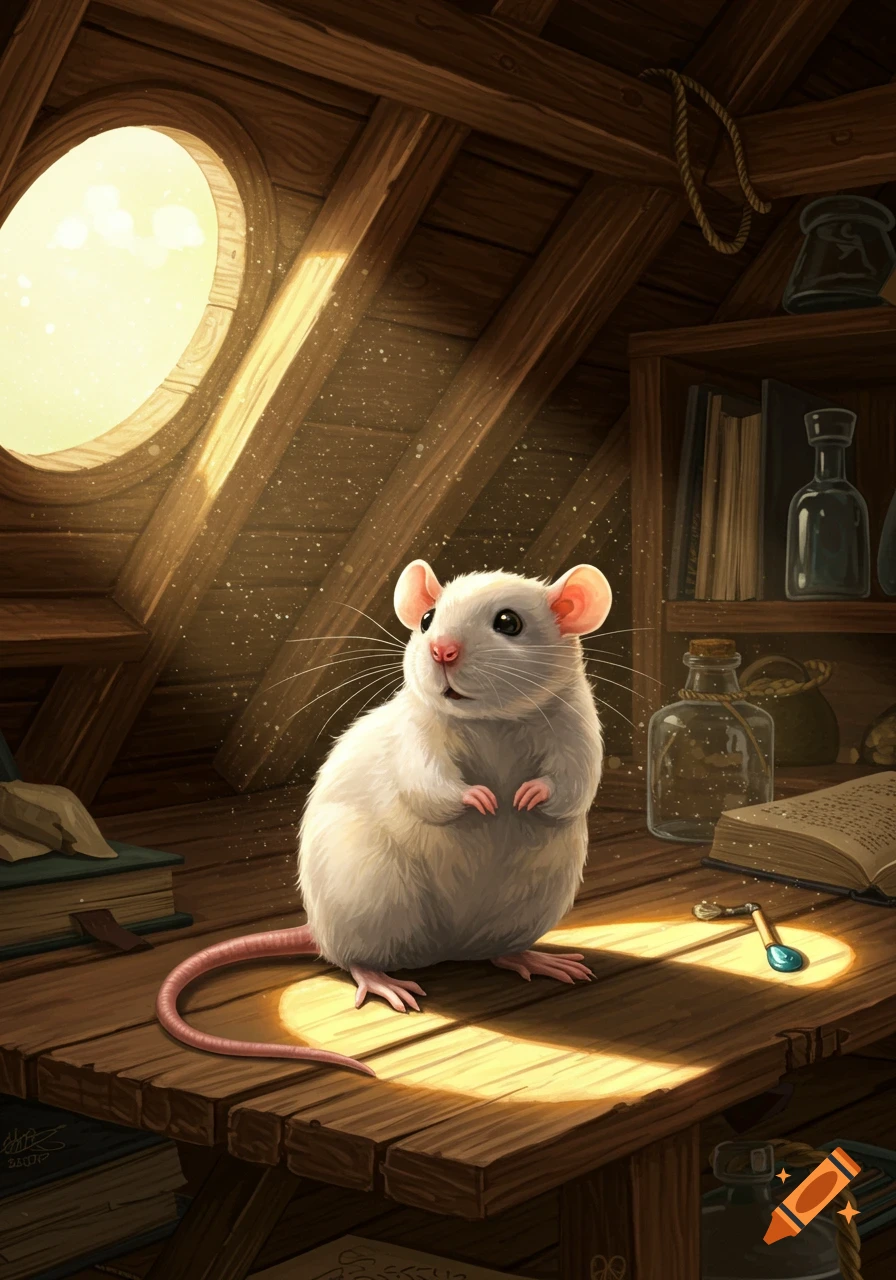 A fluffy white rat stands on a wooden table in a sunlit attic, surrounded by old books and glass bottles, in a charming illustration.