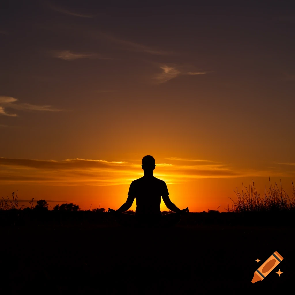Silhouette of a man meditating in a field against a vibrant orange and dark sky at sunset.