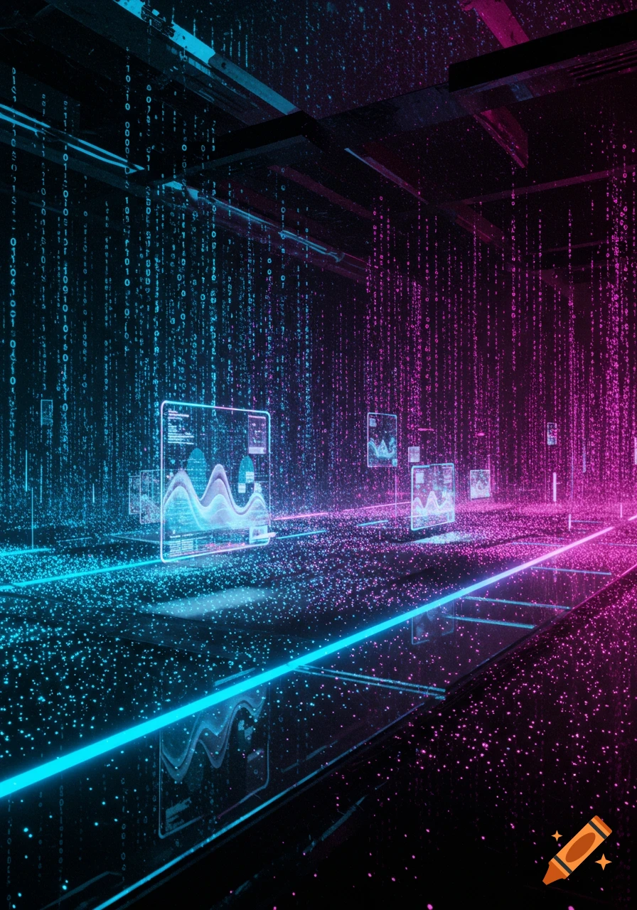 A vibrant digital data stream with binary code raining down in cyan and magenta light, holographic screens displaying data graphs.