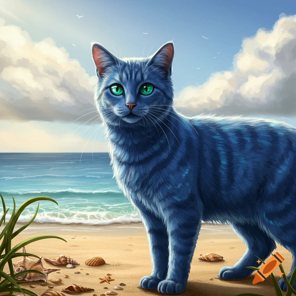A blue tabby cat with vibrant green eyes stands on a sandy beach with seashells and the ocean in the background under a cloudy sky.