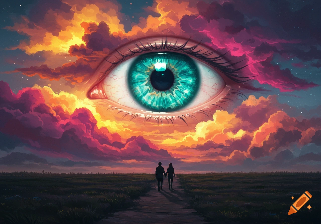 A large, vibrant green eye watches over two small figures walking on a path beneath a surreal sky of colorful clouds.