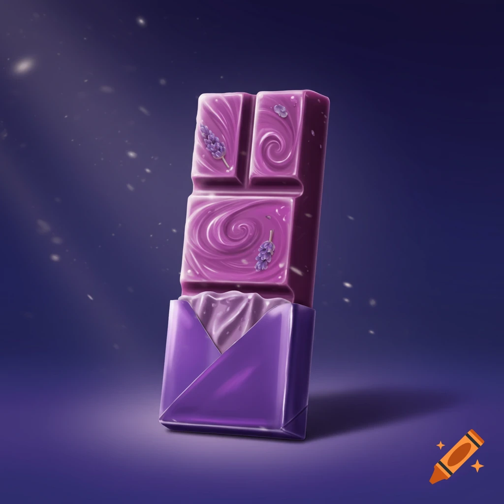 A purple chocolate bar with lavender sprigs and swirls, partially unwrapped from purple foil, against a dark purple background.