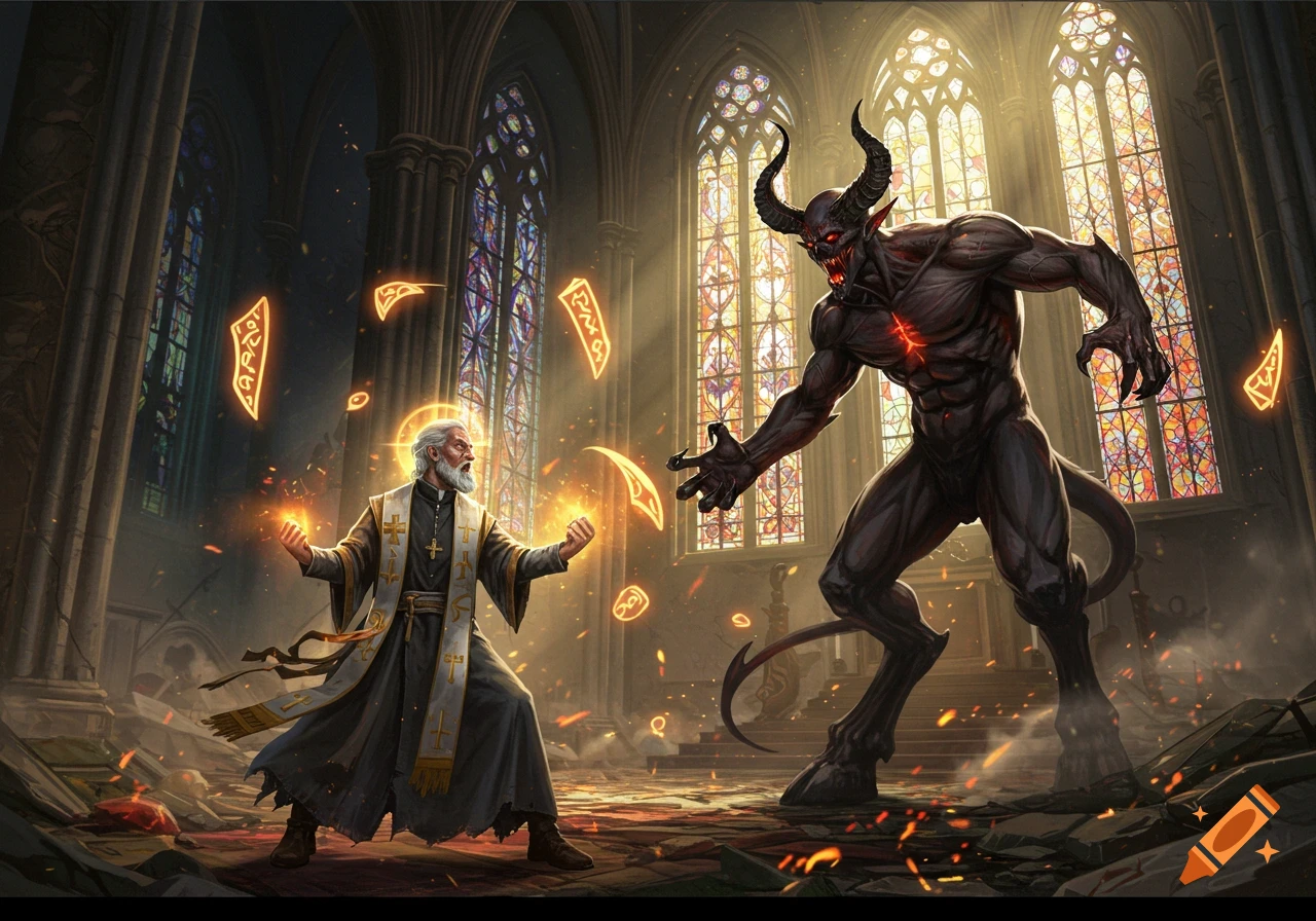 A bearded priest with a halo casts glowing spells against a large, horned demon in a ruined Gothic church with stained-glass windows.